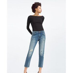 EUC Zara medium wash blue denim jeans with with distressing & cutouts, 4